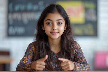 happy indian asian teenage girl showing or pointing something sitting at table, generative ai