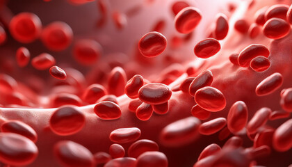 Telescope blood red plasma molecules run flowing in human vein.