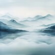 © GraphzTain - Tranquil misty landscape with serene mountains reflecting in calm water, creating a peaceful and serene atmosphere.