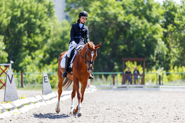 Equestrian rider competes in dressage test on a sunny day at an outdoor arena