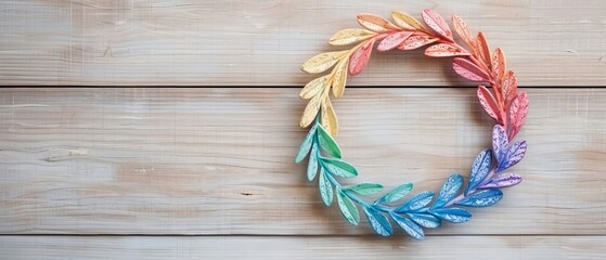 A colorful wreath made of leaves on a wooden background, perfect for seasonal decor or artistic photography.