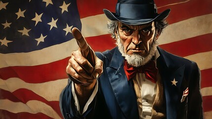 A stern-looking man with a long white beard and a top hat, wearing a blue suit with a red bow tie, points his index finger directly at the viewer while standing in front of the American flag.