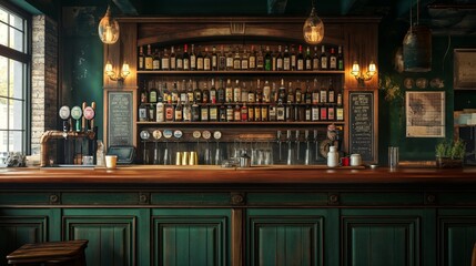 Wall Mural - the counter bar in a cosy old english or irish pub with lots of whisky bottles in the background