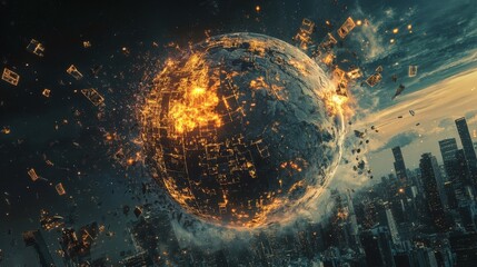 Canvas Print - A burning planet with a city on the surface, surrounded by debris.