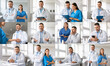© Prostock-studio - A collage of 12 photos showcasing various medical professionals working in a modern clinic. The photos feature doctors and nurses in white coats and scrubs engaged in various activities
