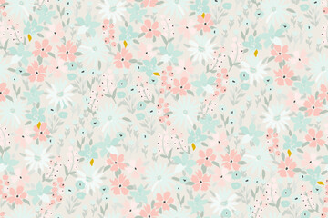 Wall Mural - Cute feminine seamless watercolor pattern with little tiny wildflowers, hand drawn, not AI