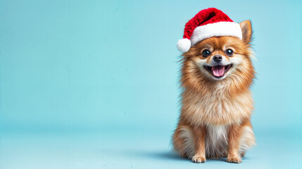 Smiling Pomeranian dog wearing Santa hat against a light blue background, festive Christmas pet portrait with joyful expression and fluffy fur, holiday themed cute dog photo