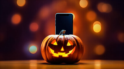 Wall Mural - A phone is sitting on top of a pumpkin. The pumpkin has a scary face with a light shining on it