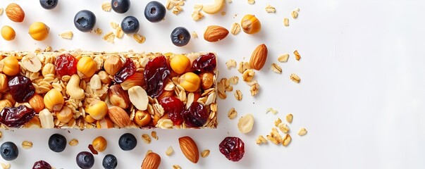 Close up of Homemade Granola Bar with Nuts and Dried Fruit on White Background