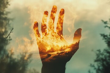 Silhouette of woman's hand reaching for the sky, holding a small flame against the setting sun, symbolizing hope and faith in nature's power