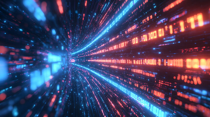 Wall Mural - digital data flowing through cyberspace with glowing blue and red lights