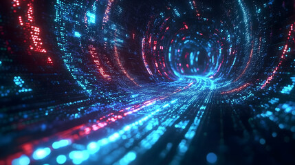 Wall Mural - digital data flowing through cyberspace with glowing blue and red lights