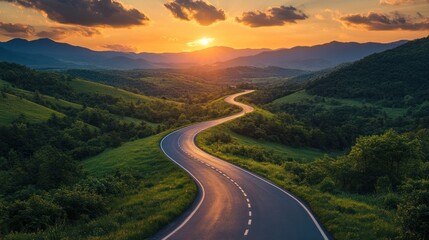 a winding asphalt highway stretching through lush green mountains under a dramatic sunset sky, with 
