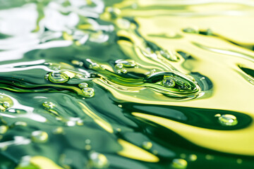 A macro shot of green water droplets on leaves, capturing the freshness and clarity of dew with abstract reflections