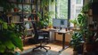 © Attasit - A cozy home office with a standing desk, ergonomic chair, and houseplants, blending comfort and professionalism for an ideal remote work environment.
