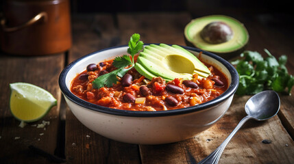 Wall Mural - Traditional Mexican, Korean bean dish with avocado, sour cream sauce and vegetables. AI generated.