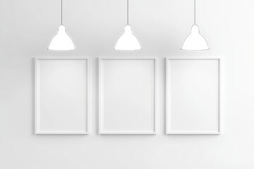 Gallery concept with three black vertical frames and black pendant lights above, 3D rendering