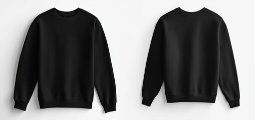 The front and back of a blank sweatshirt template in black on a white background are shown