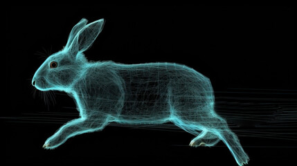 Neon abstract graphic outline of rabbit in jump, wild animal. Dark background isolate. AI generated.