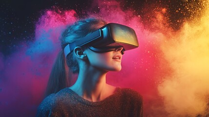 Wall Mural - A woman wearing virtual reality goggles with colorful smoke behind her.