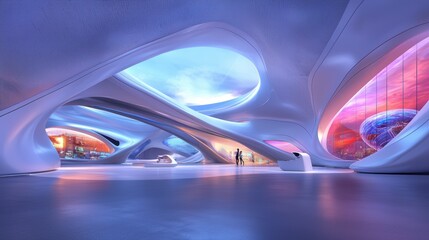 Fluid Futures: A lone figure traverses a futuristic architectural marvel, awash in the vibrant glow of ethereal lighting and organic curves. 
