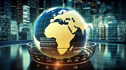Fototapete - A globe is surrounded by a wire cage and is lit up with a city in the background