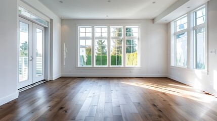 Sticker - An empty room with white walls and wood floors, with large windows on the side