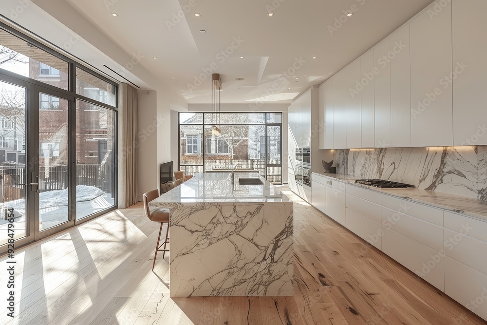Photo inspiration: Fresh Look at Modern Minimalist Open Concept Kitchen With White Marble Island Light