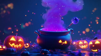 Wall Mural - 3d render of a cartoon halloween cauldron with purple smoke and glowing