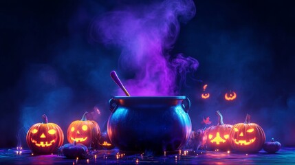 Wall Mural - 3d render of a cartoon halloween cauldron with purple smoke and glowing