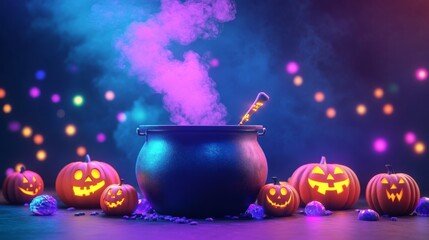 Wall Mural - 3d render of a cartoon halloween cauldron with purple smoke and glowing