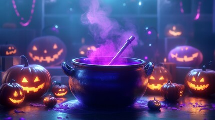 Wall Mural - 3D render of a cartoon Halloween cauldron with purple smoke and glowing