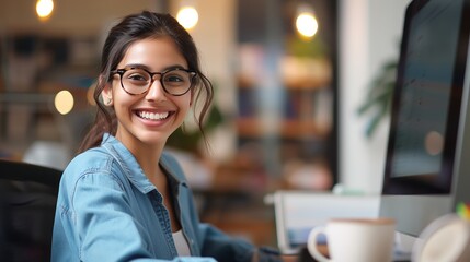 Wall Mural - A smiling woman is sitting at her desk with a laptop and looking into a camera