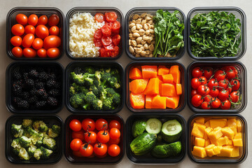 A set of meal prep containers, isolated on a pastel cream background, representing planning and preparation of healthy meals,