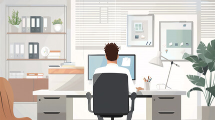 Wall Mural - a moment of deep concentration with a businessman working on his computer at a minimalist desk. surr
