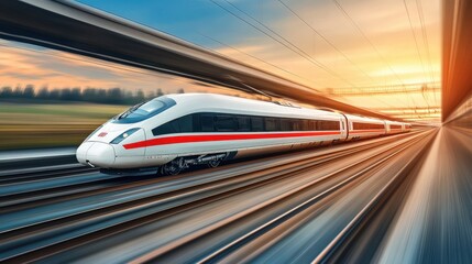 A sleek high-speed train racing through the countryside, symbolizing modern