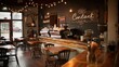 © RDO - Charming interior of a rustic coffee shop with wooden tables and cozy lighting, 'Contact' artistically written on a vintage black chalkboard behind the espresso machine.