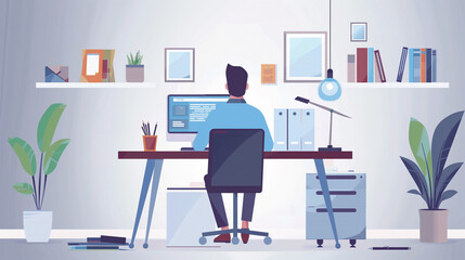 Wall Mural - a moment of deep concentration with a businessman working on his computer at a minimalist desk. surr