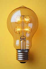 Poster - A light bulb glowing, isolated on a pastel yellow background, representing ideas and creative thinking,