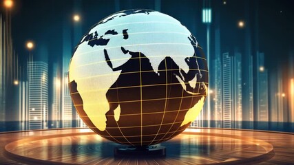 Aufkleber - A globe is sitting on a wooden table with a city in the background