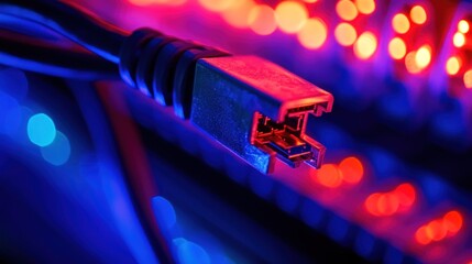 Wall Mural - An Ethernet cable with an RJ45 connector in focus against a background of colorful bokeh, highlighting themes of connectivity and technology in a vivid setting.