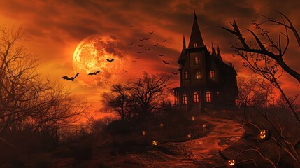 Wall Mural - a spooky halloween background showcasing a haunted house on a hill, silhouetted against a full moon,