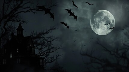 Wall Mural - a spooky halloween background featuring dark, eerie elements like a full moon, haunted house silhoue