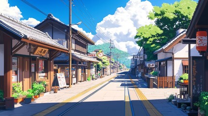 Wall Mural - village town in morning anime style