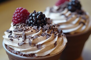 Wall Mural - Delicious chocolate cupcakes topped with fresh berries whipped cream