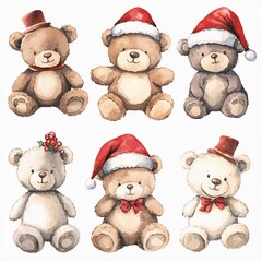 Wall Mural - Christmas collection,Pastel cute brown teddy bear in Christmas hat drawn in watercolor technique. set