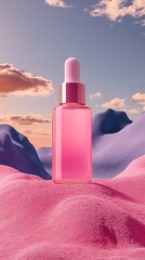 Wall Mural - A bottle of pink perfume is on a pink and purple mountain