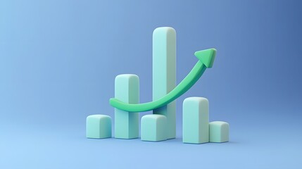 3D bar graph with upward arrow on blue background indicating growth, progress, or success in business and finance.