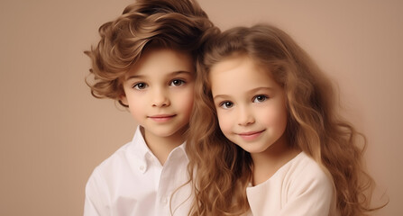 Wall Mural - Beauty portrait pretty little girl and boy, children looking at camera on beige background