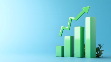 3D green bar graph with upward arrow on blue background representing business growth, financial success, and positive trends.